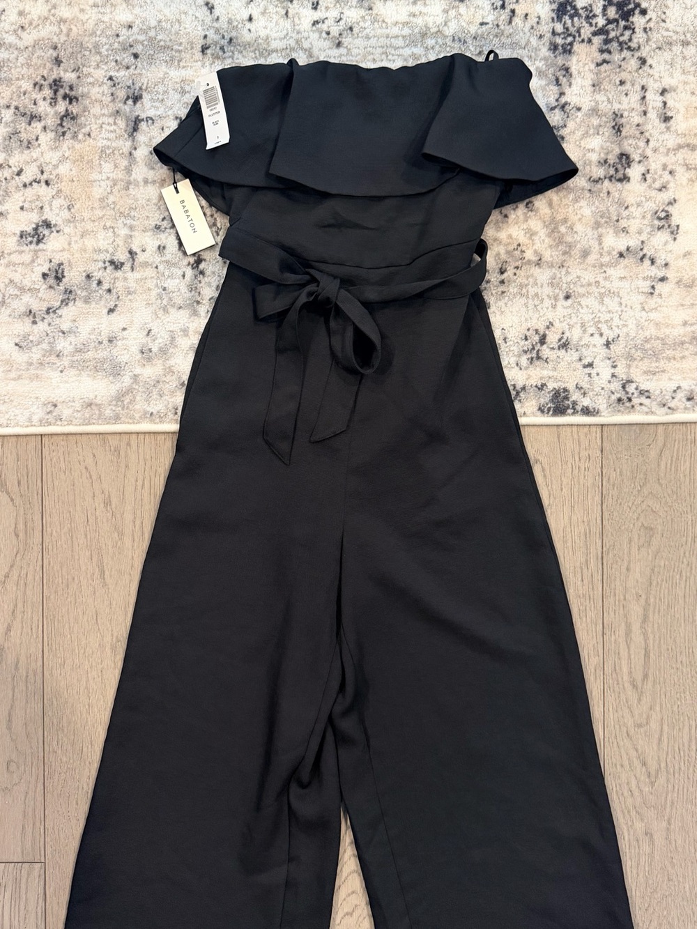 Babaton Black One-Shoulder Jumpsuit with Waist Tie